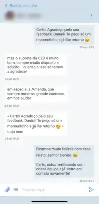 Conversa em que o cliente elogia a disposição da equipe de suporte.