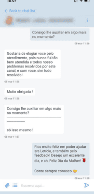 Conversa em que a cliente diz nunca ter sido tão bem atendida.