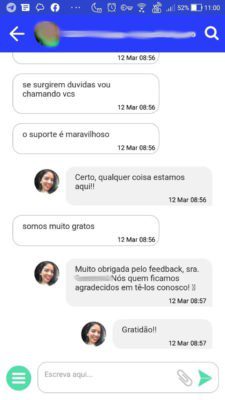 Conversa em que a cliente agradece ao suporte.